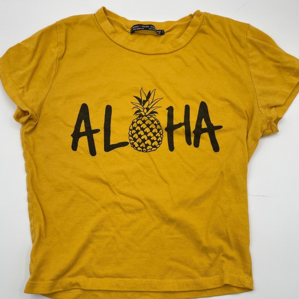 Rock Rose Couture Aloha Pineapple Graphic Tee Mustard Yellow Small